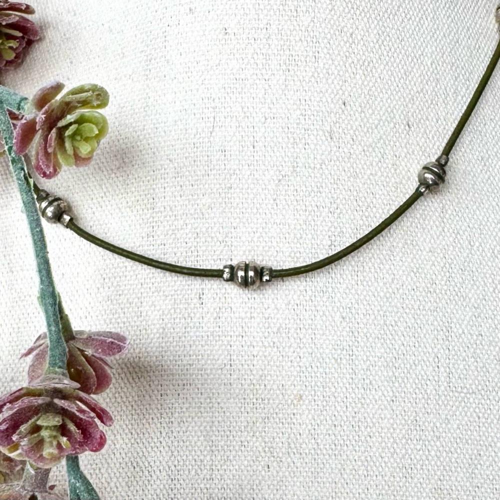 NY&C Olive Green Cord Necklace Silver Tone Bead Minimalist Adjustable Choker